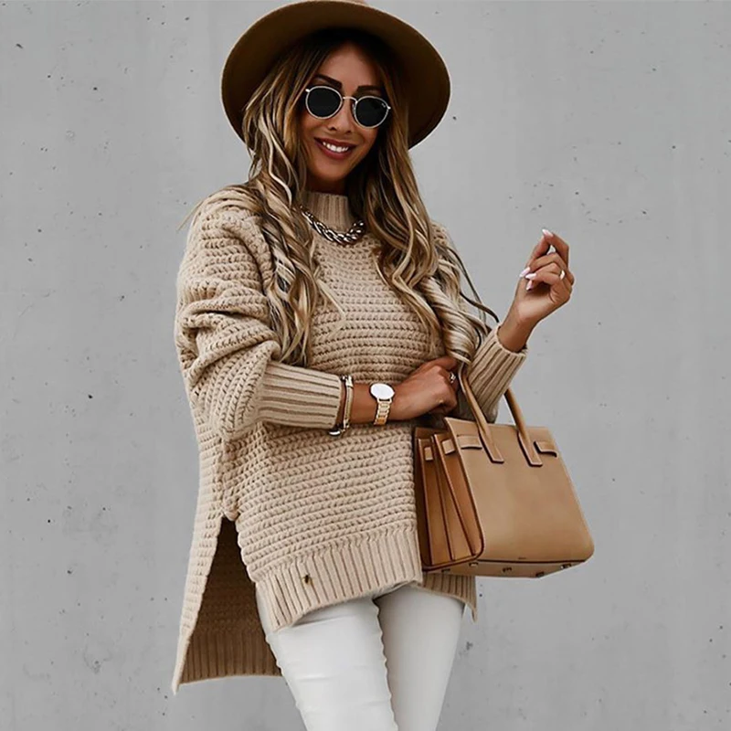 

Foridol Stand Collar Khaki Knitted Oversized Sweater Pullovers Women Winter Slit Long Sweater Tops Casual Jumper