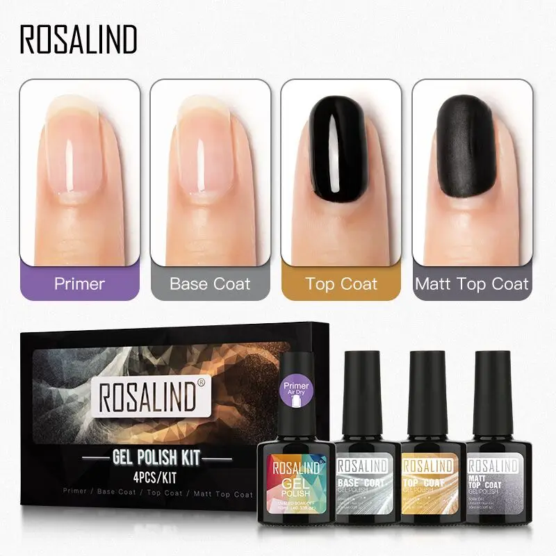ROSALIND Gel Nail Polish Kit Primer Base Coat Top Matt Set Bright For Art Design UV LED Hybrid Lacquer | Красота и здоровье