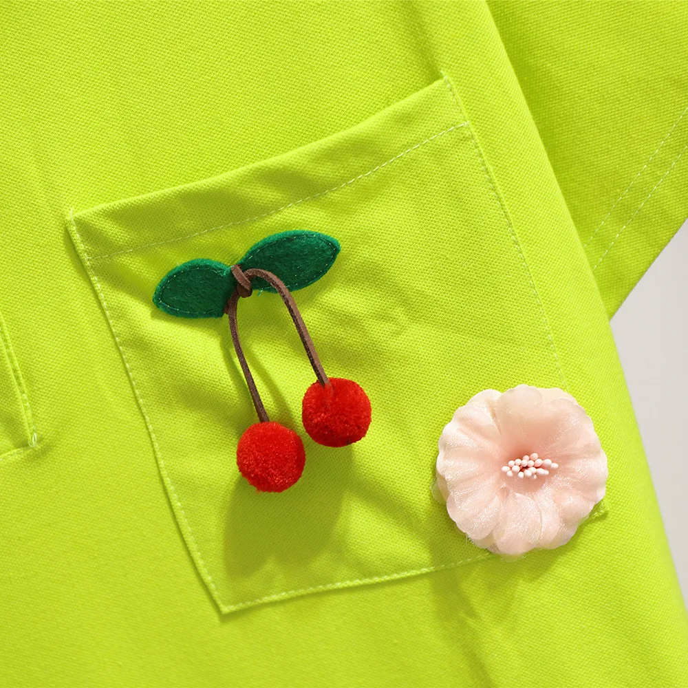

Women's Sport Shirt Dress Summer Casual Solid Color Cherry Embroidery Short Sleeve Turn-Down Collar Green Loose Polo Clothing