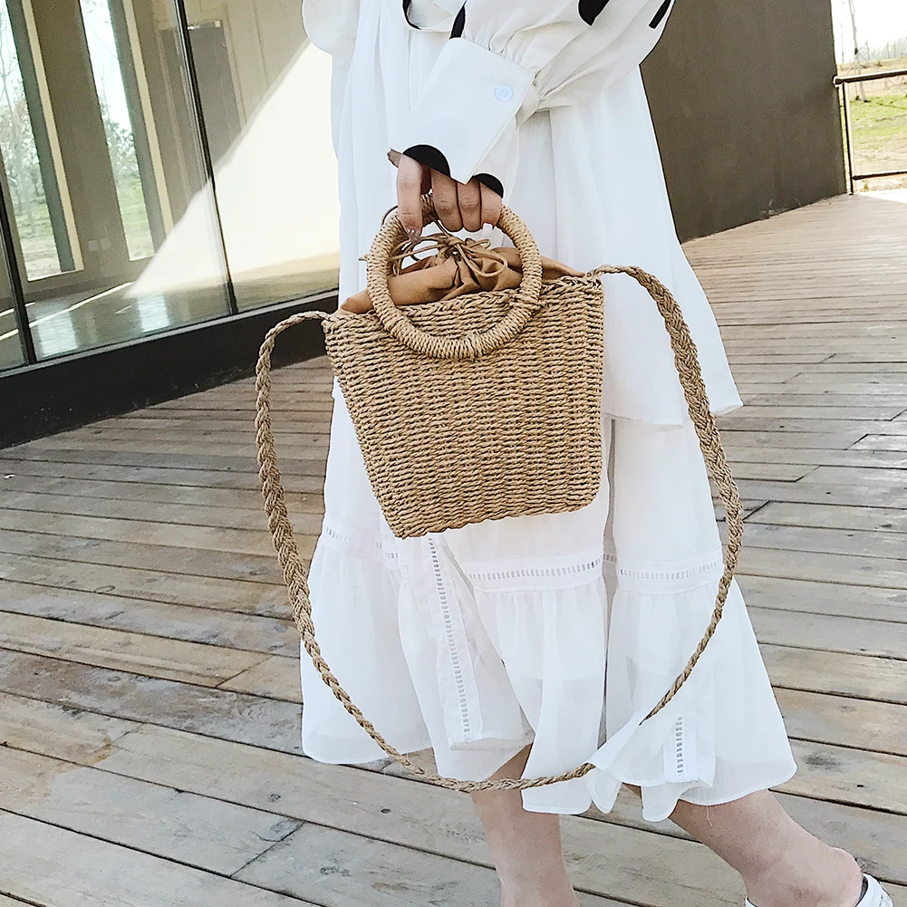 

Плетеная соломенная сумка из ротанга для женщин, Пляжная миниатюрная дамская сумочка на плечо, мессенджер через плечо из ротанга