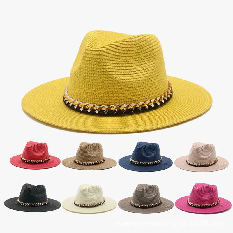 

2021 Fashion Summer Casual Unisex Beach Triangle Canvas Big Brim Jazz Sun Hat Panama Straw Hat Paper Straw Hat Women'S Men'S