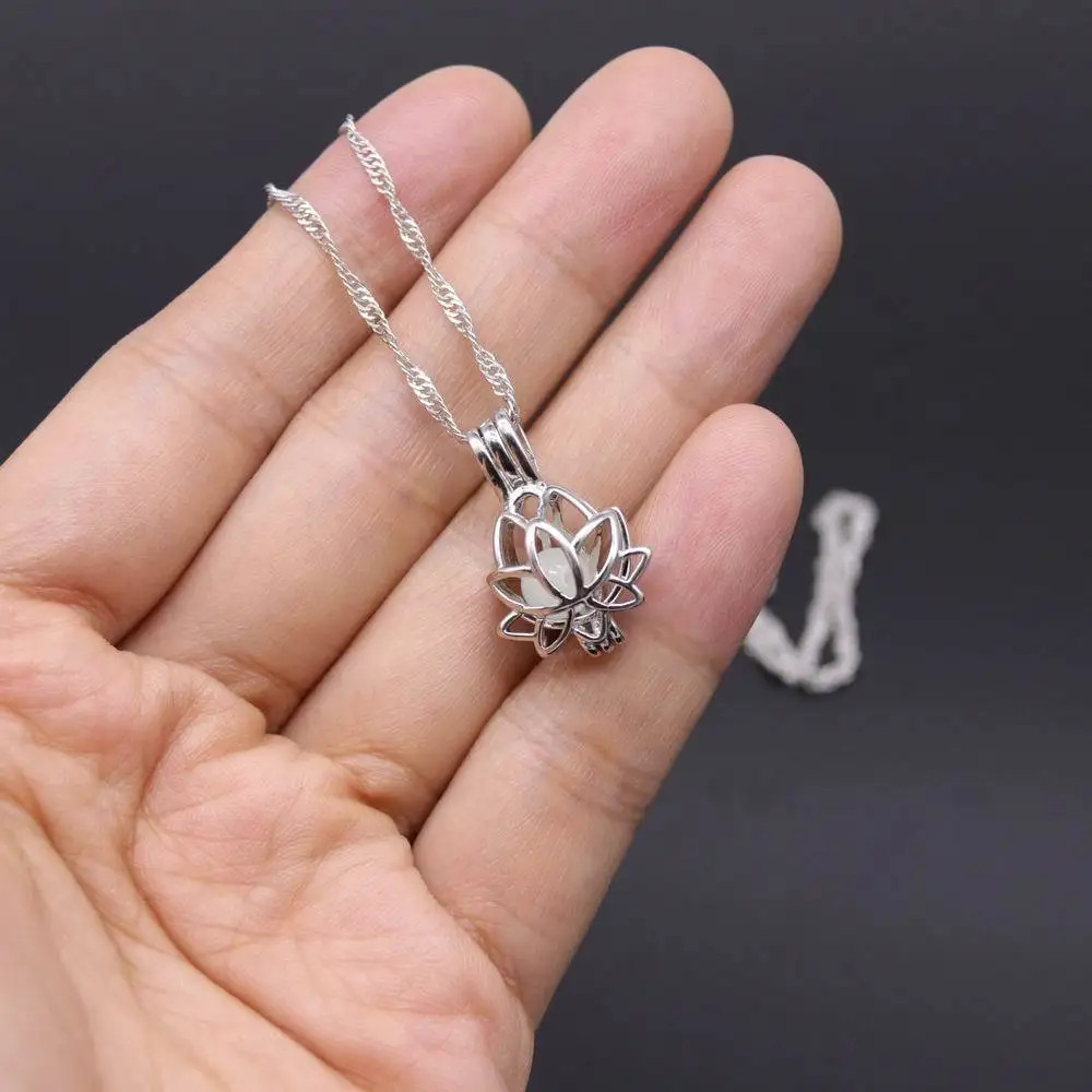 

Luminous Glowing In The Dark Moon Lotus Flower Shaped Pendant Necklace For Women Yoga Prayer Buddhism Jewelry