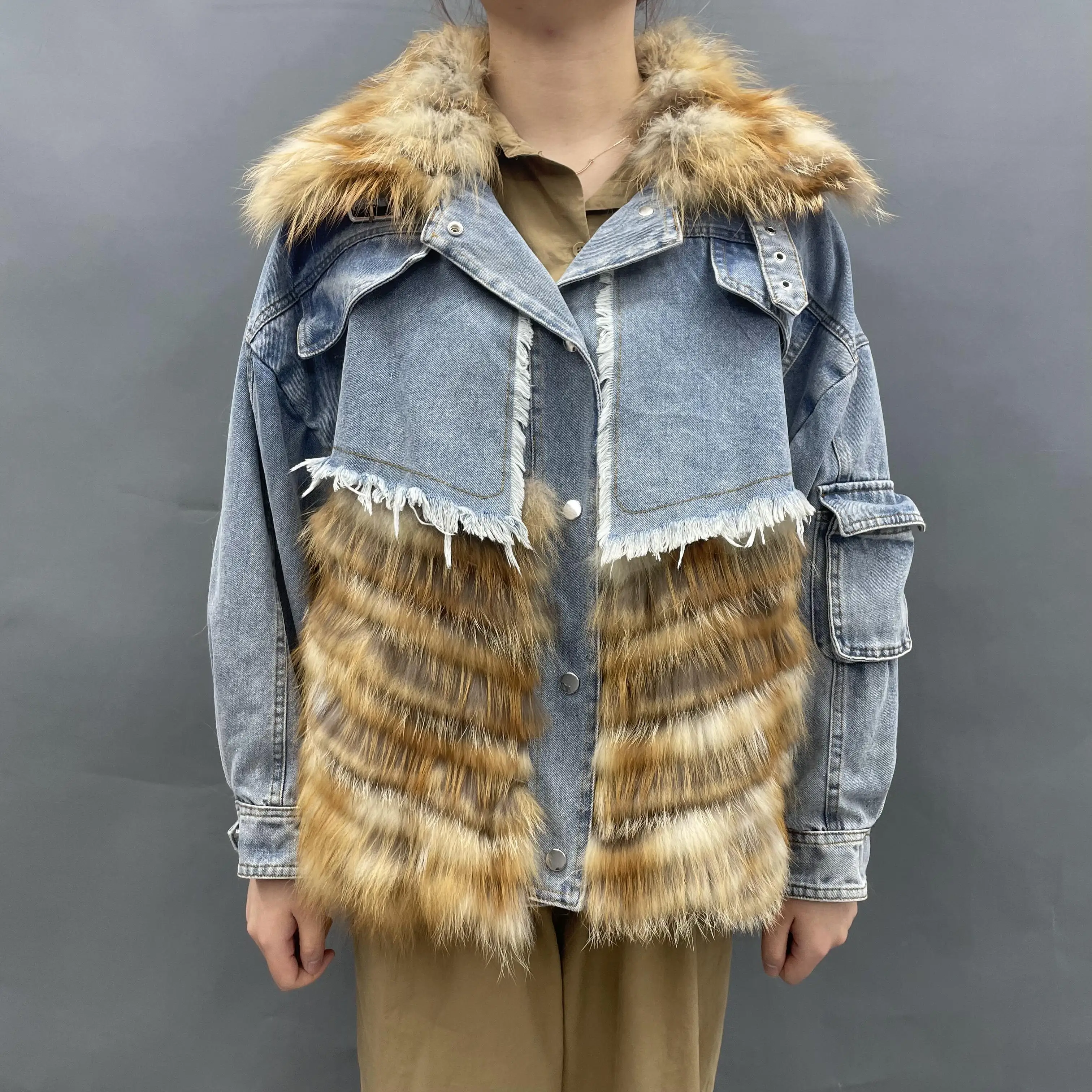 

MISSJANEFUR, новинка 2021 года, пальто из натурального меха, модные женские теплые джинсовые пуховики, зимние парки с пушистым мехом енота, женская верхняя одежда