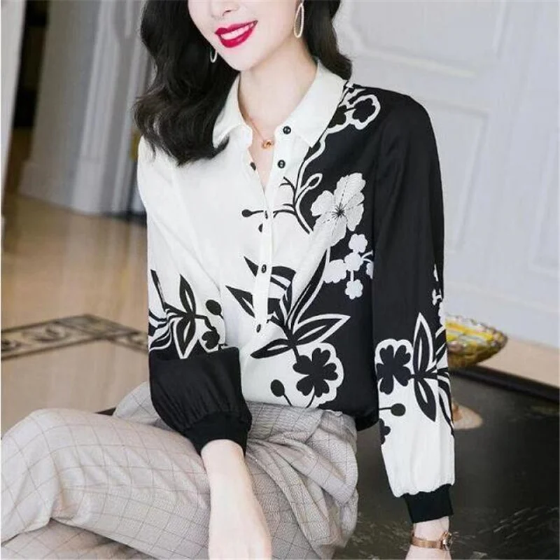 Black White Printing Imitation Silk shirt Ladies Spring New Shirt Mulberry OL Top Floral Print Basic Blouses Female |