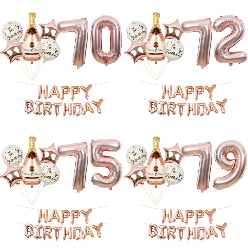 20pcs Rose Gold 70 71 72 73 74 75 76 77 78 79 Years Birthday Balloons Banner Girl Champagne Bottle Balls Party Decorations