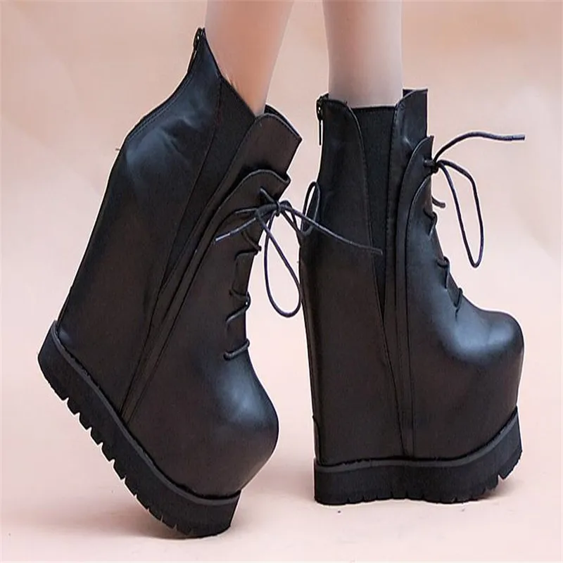 

15cm fall/winter slope heel short boots lace-up women's boots waterproof platform thick sole super high heel