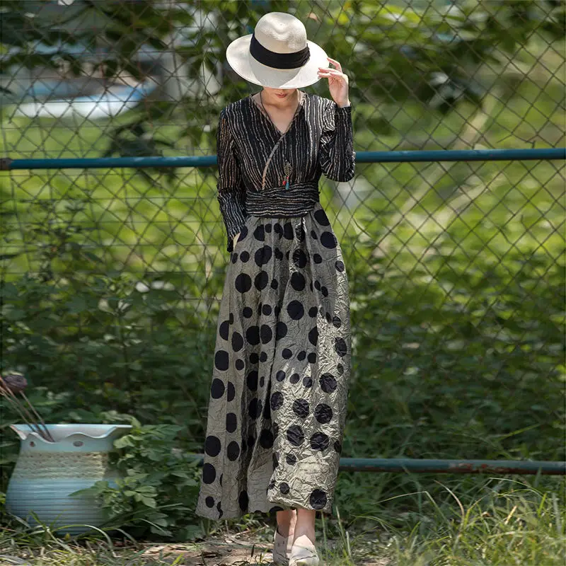 

2021 Women Spring Summer Vintage Dress Female Plus Size Loose Print Short Sleeve V-neck Vestidos Lady Casual Lace Up Dresses J92