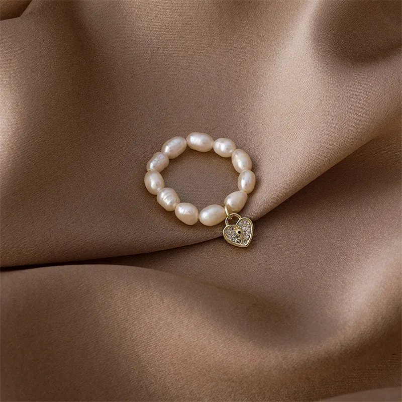 

2021 Japan Korea New Trendy Irregular Natural Freshwater Pearl Beaded Rings For Women Finger Jewelry Heart Star Pendant Ring
