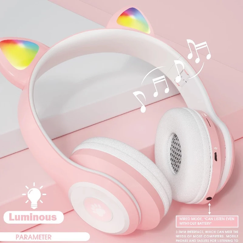

Wireless Headphone Flash Light Cute Cat Bluetooth-compatible Control LED Kid Girl Stereo Bass Music Helmet Phone Headset Gift