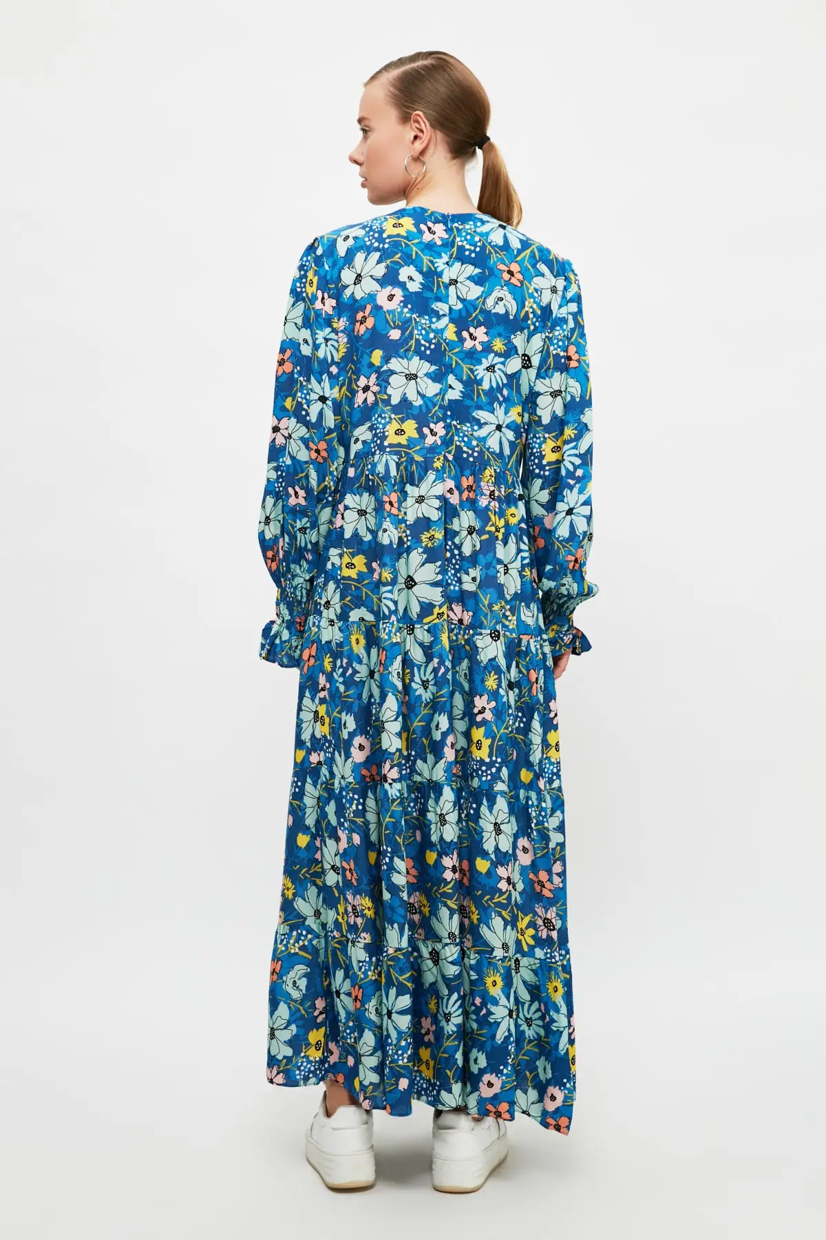 

Blue Floral Patterned Viscose Dress Fashion Muslim Women Hijab Dress
