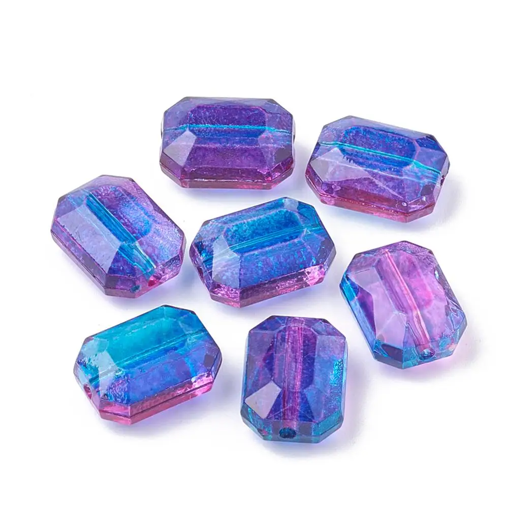

50pcs Transparent Spray Painted Acrylic Crystal Bead DIY Jewelry Making, Blue Rectangle Octagon Two Tone, 15x11x7mm, Hole: 1mm