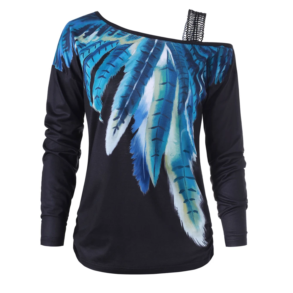 Женские осенне зимние футболки Wipalo с принтом в виде перьев косым вырезом и