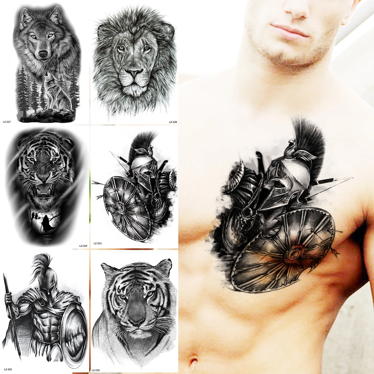 

Black Spartan Warrior Temporary Tattoos For Men Adults Realistic Lion Wolf Tiger Fake Tattoo Sticker Chest Arm Tatoos Armband