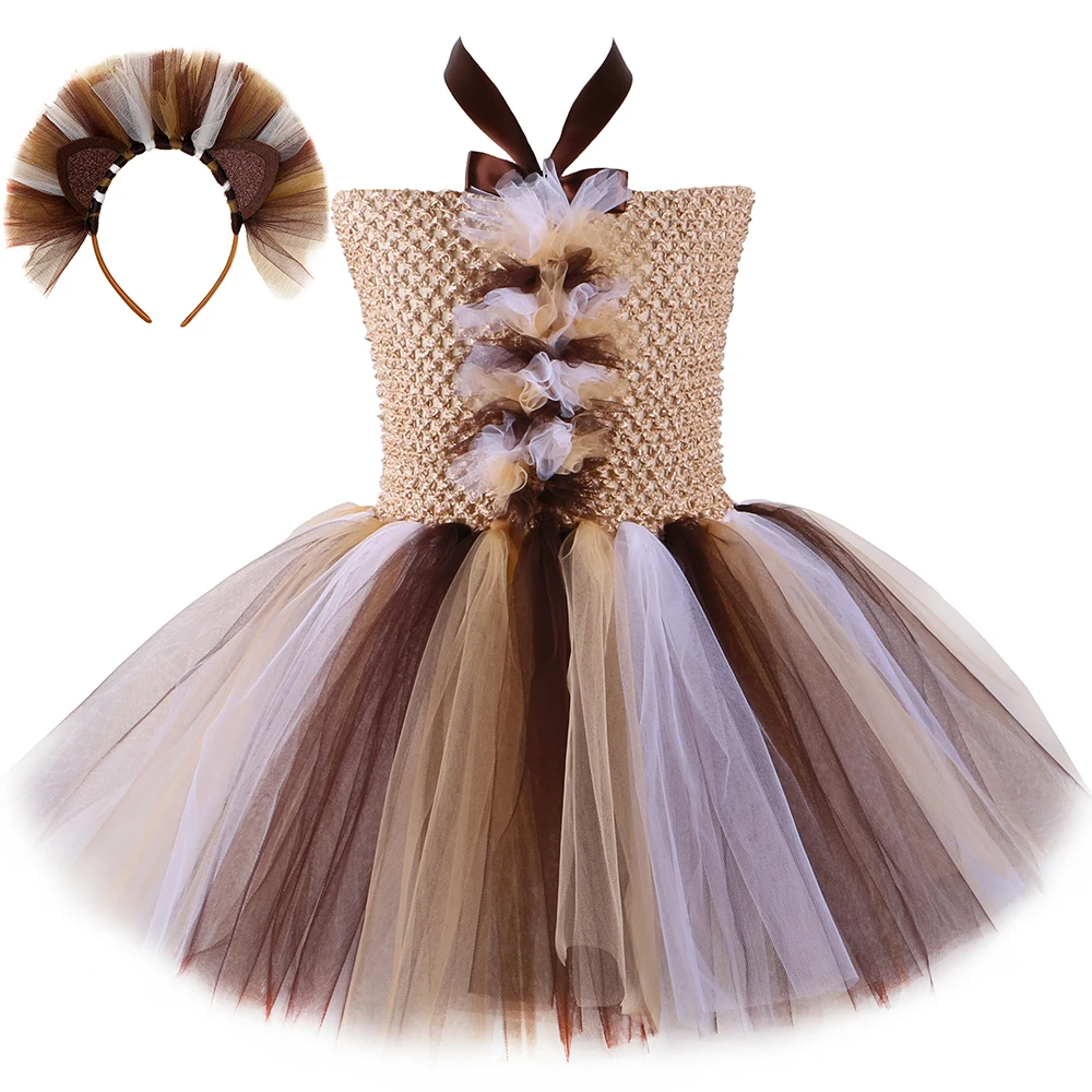 

New Girls Lion Tutu Dress Brown Flowers Kids Girls Birthday Party Dress Children Halloween Cosplay Animal Dress Costumes 2-12Y