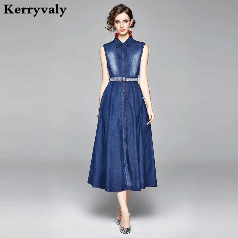 

Autumn Gothic Blue Women Maxi Denim Dress Vestidos Invierno 2021 Mujer Embroidered Button Sleeveless Long Party Dress K3175