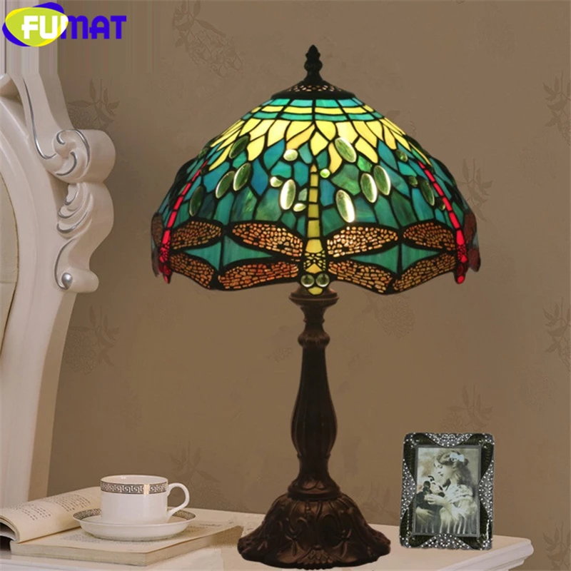 

FUMAT tiffany style table lamp red green dragonfly lampshade 12 inch stained glass desk light handicraft arts alloy frame lamps