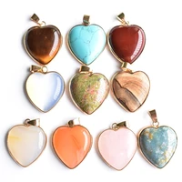 wholesale 10pcslot 2020 new good quality natural stone mixed gold side heart pendants 25mm for jewelry making free shipping