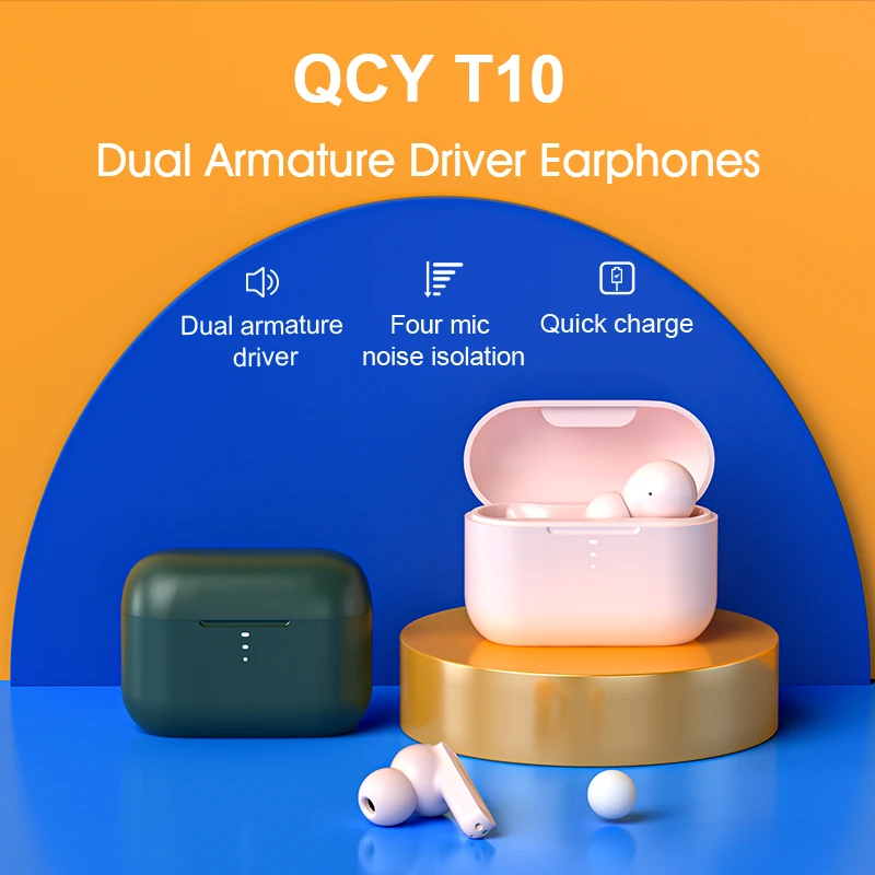 Беспроводные Bluetooth-наушники QCY T10 4 микрофона с шумоизоляцией и двойным якорем |