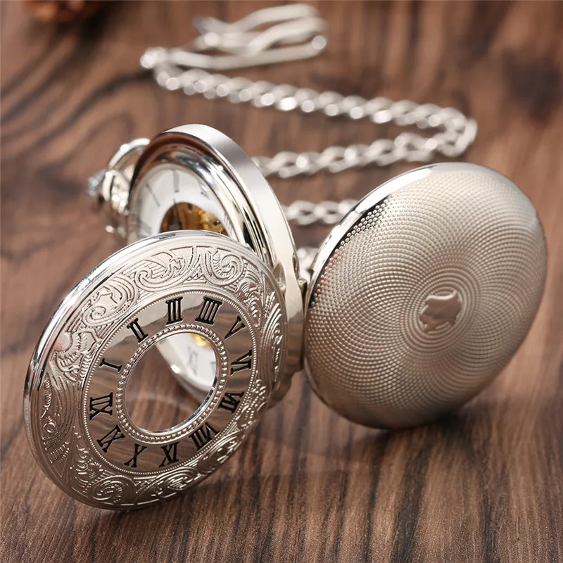 Steampunk Silver Handwinding Mechanical Pocket Watch for Men Women Double Hunter Roman Number Dial Pendant Necklace Chain Reloj