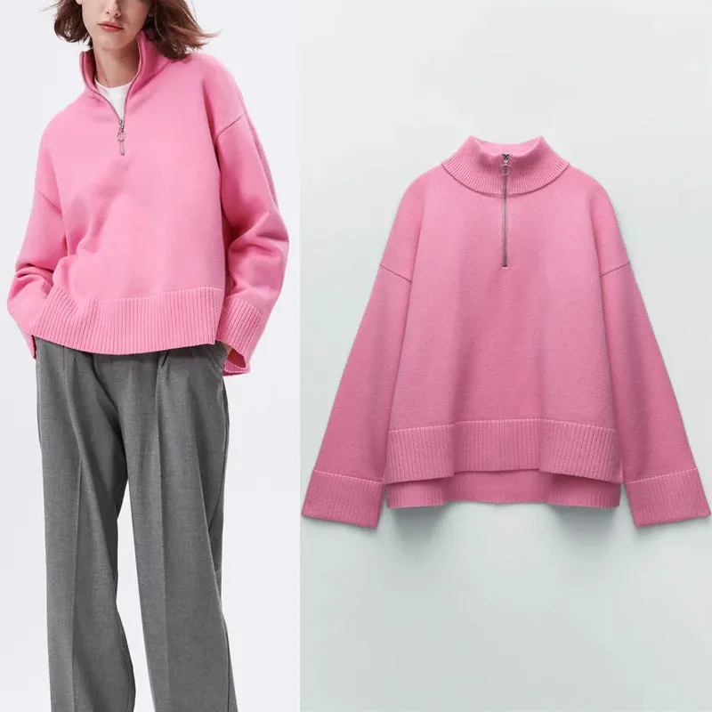 

Женский вязаный свитер на молнии Za, розовый элегантный джемпер с длинным рукавом и высоким воротником, асимметричный подол, Свободный теплы...