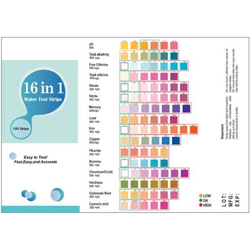 

Drinking Water Test Strips,17 In1 Swimming Pool Test Kit Pool Test Strips,Chlorine,Bromine,PH & Water Hardness Test Kit