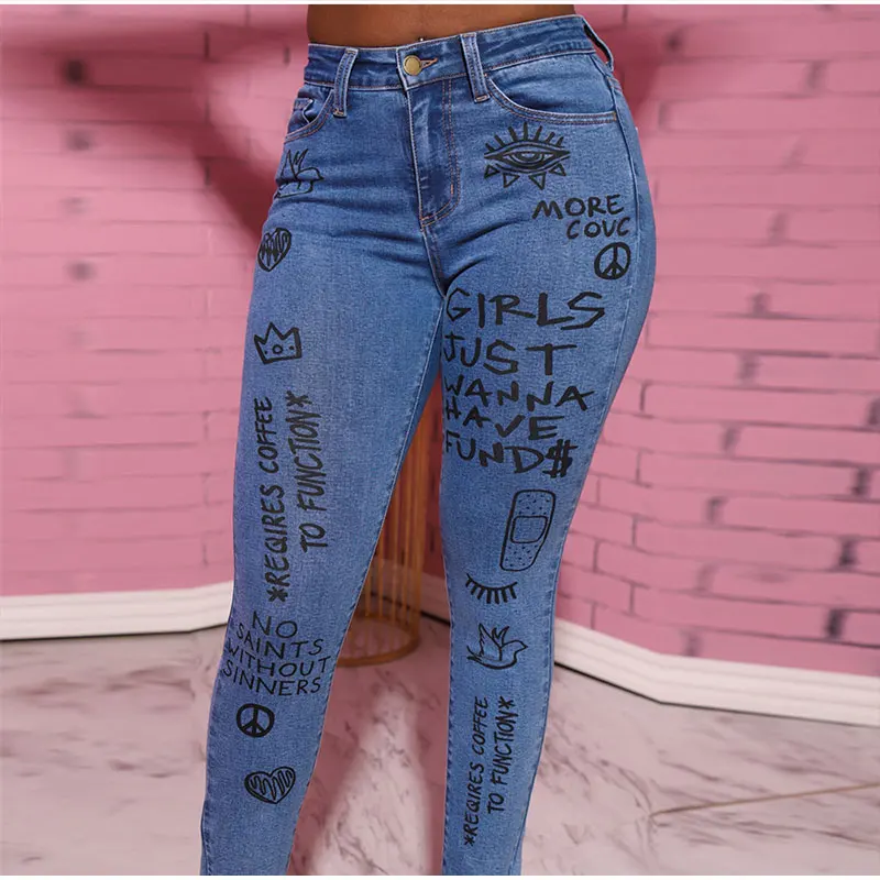

Vintage Skinny Low Rise Graphic Graffiti Print Pencil Jeans Women Street Stretchy Denim Jeans Summer Cyber Y2k Push Up Leggings