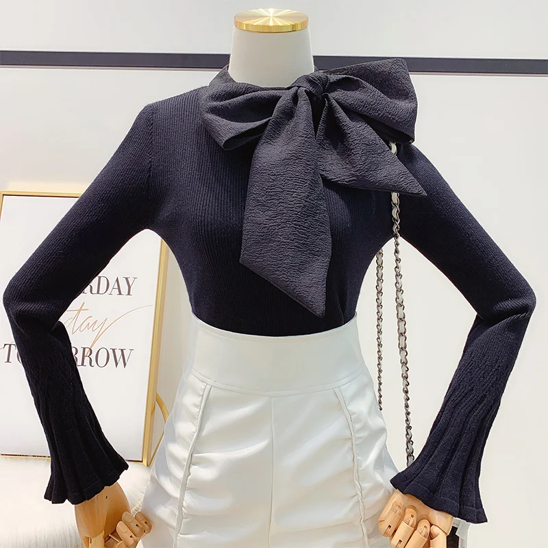 Милые женские свитера с бантом на воротнике для девушек студенческие вязаные