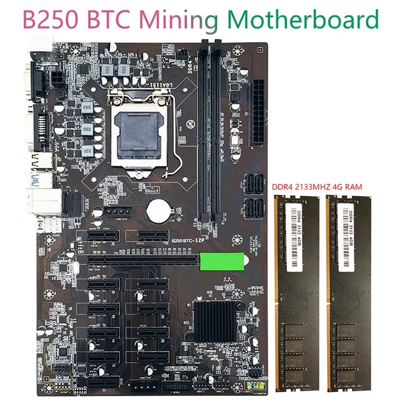 B250 BTC Mining Motherboard 12 PCI-E16X Graph Card LGA 1151 with 2XDDR4 4GB 2133MHZ RAM Support VGA DVI | Компьютеры и офис