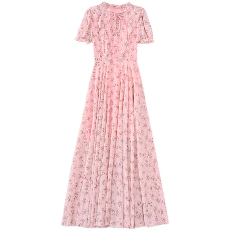 

2021 summer new Korean fashion floral women's long temperament waist short sleeve dress chiffon dress tide