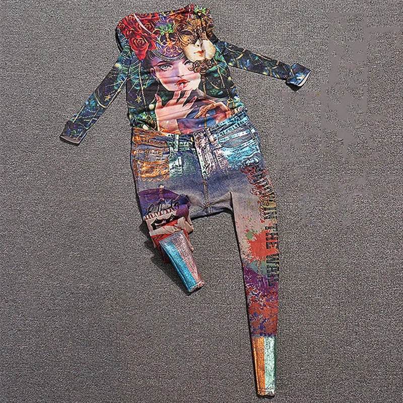 Женский джинсовый костюм из двух предметов Повседневная футболка с длинным