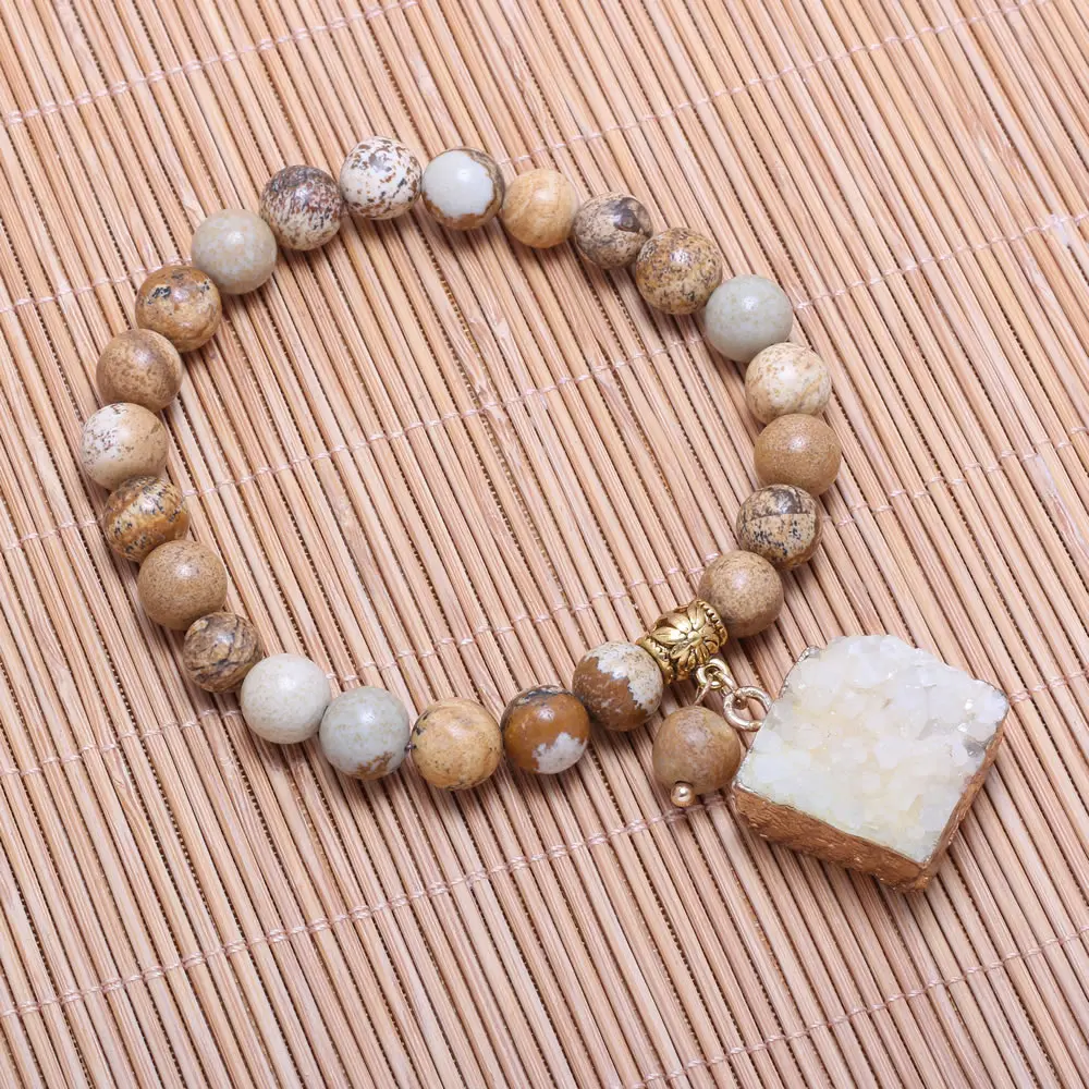 

Exquisite Bracelets Natural Picture Stone Round Beads With Agate Pendant Bangle for Women Men Party Wedding Jewelry Gifts 19cm
