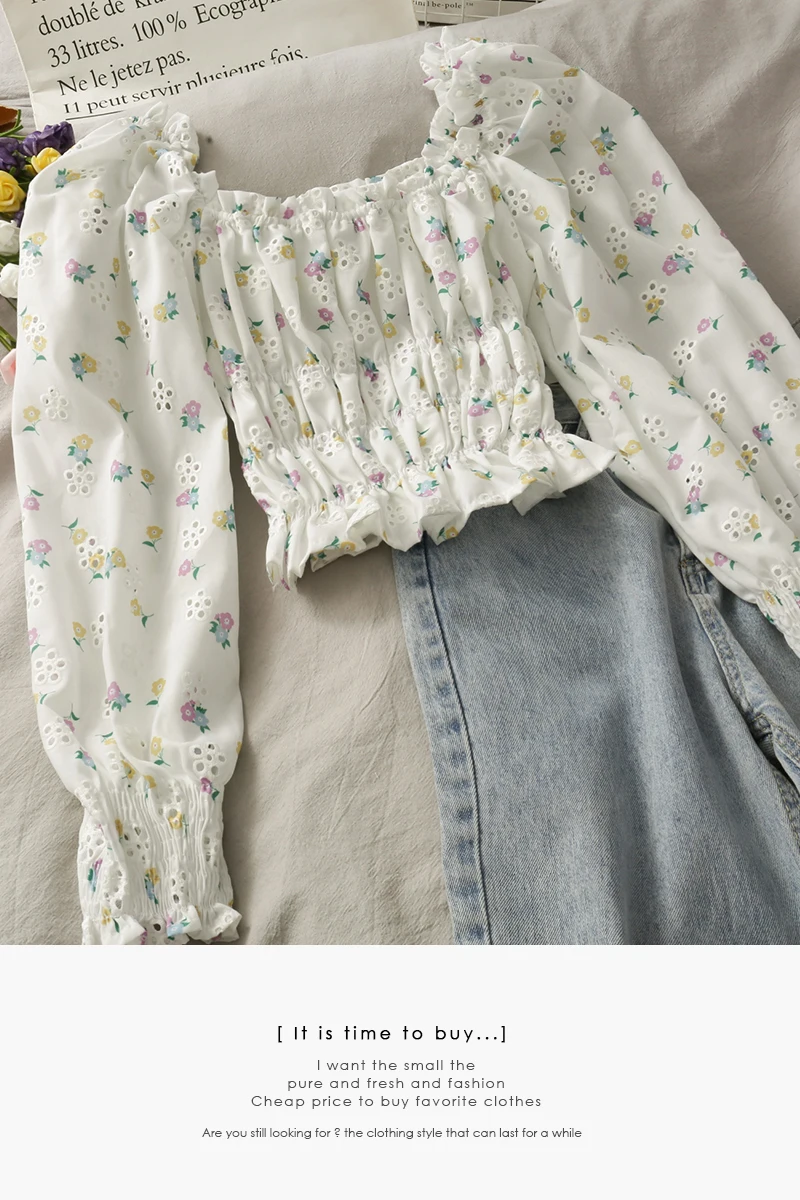 

Sweet little fresh print hollow one-shoulder clavicle top women's new fold waist bottoming shirt with wooden ears