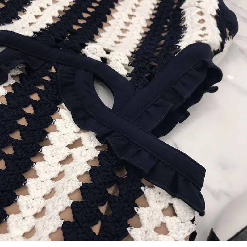 

Women Dresses Knitted Tank Dress White Blue Patchwork Striped Tassel Crochet Casual Beach Dress High Quality