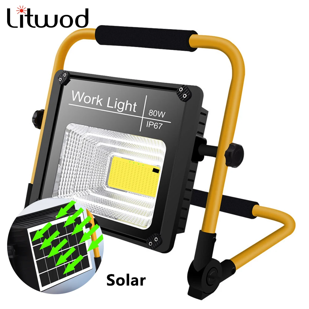 

Solar Working Light 80W Waterproof IP67 Built in 18650 Battery Charge in Sun or Usb Rechargeable Industrial Portable Flood Lamp