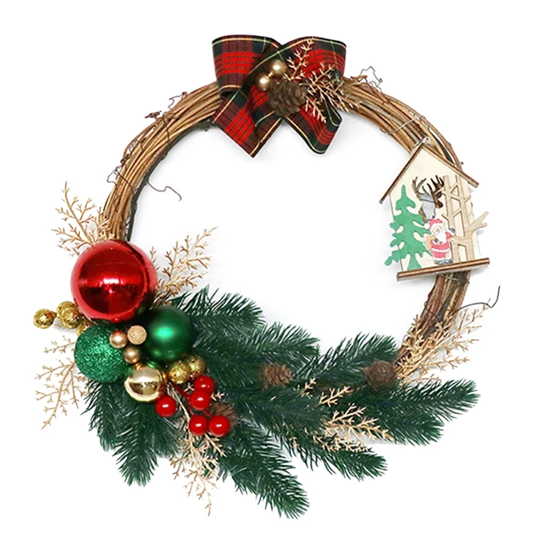 

Artificial Christmas Ball Wreath With Pine Berries Wooden House For Front Door Wall Window Farmhouse Home Decoration