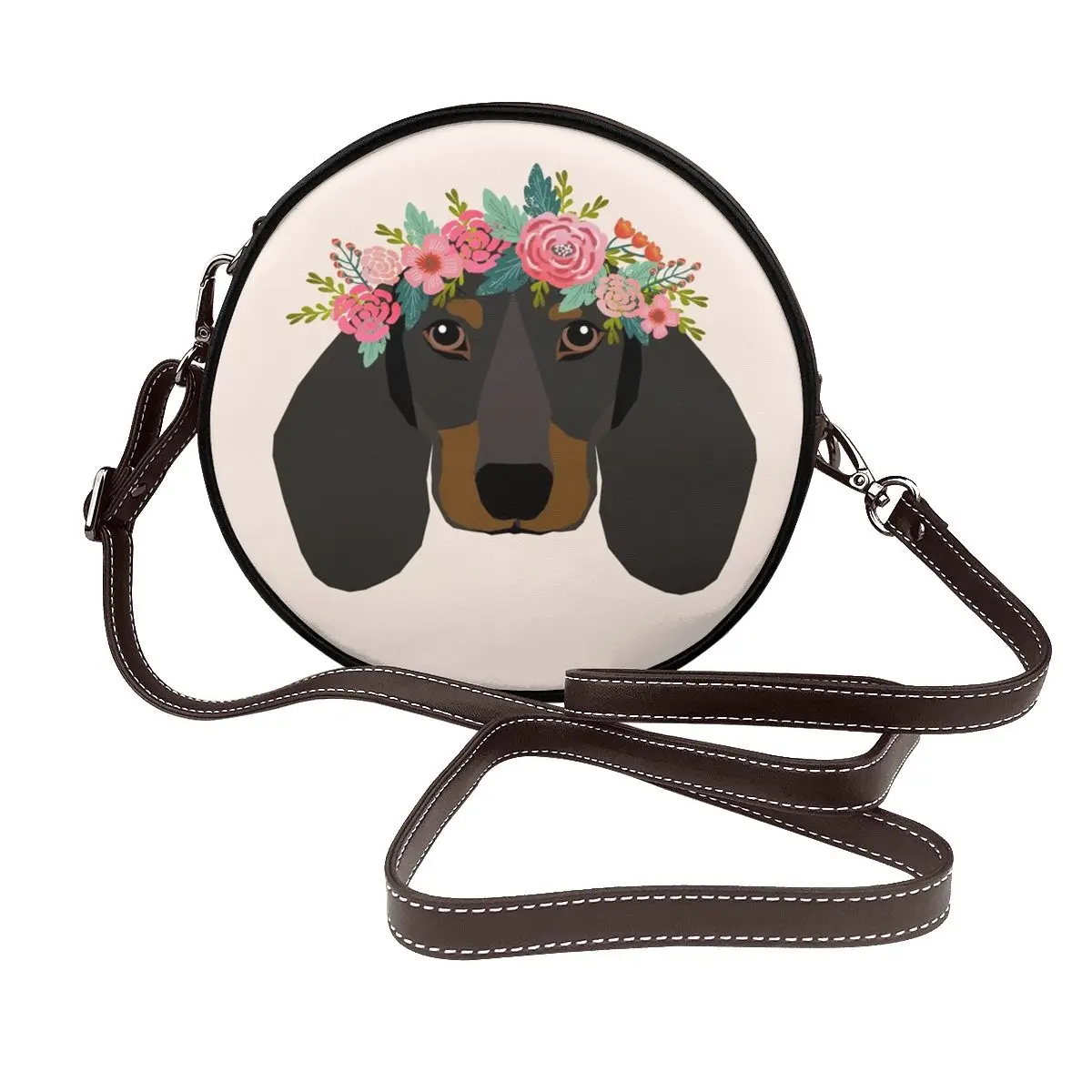 

Dachshund Floral Crown Shoulder Bag Flower Female Gift Round Bag Aesthetic Leather Outdoor Purse