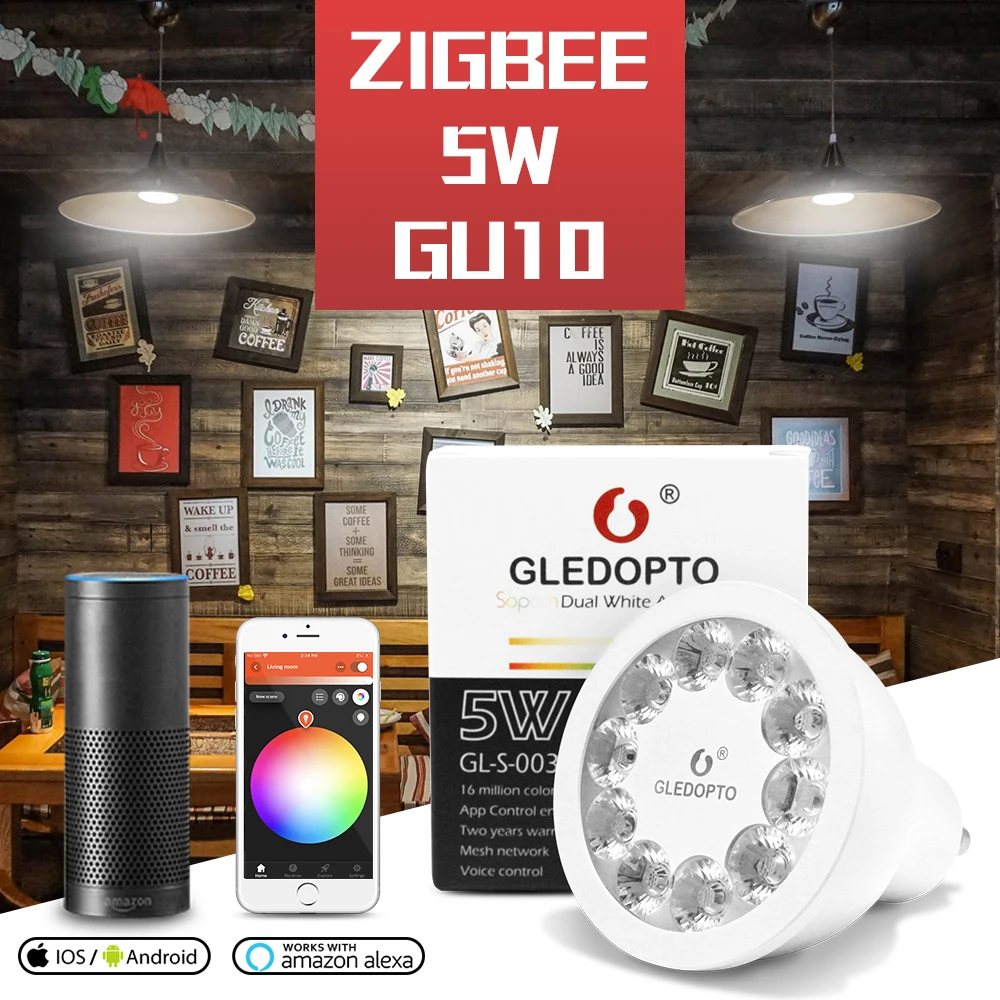 

GLEDOPTO ZigBee AC100-240V Smart Home RGBCCT LED Spotlight Bulb GU10 5W Work With Tuya Conbee App Alexa Echo Plus Voice Control