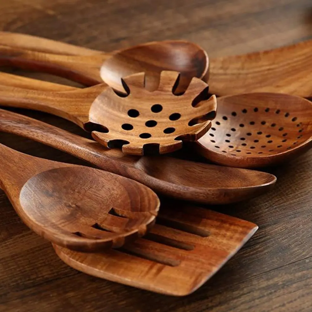 

8pcsTeak Natural Wood Tableware Spoon Frying Pan Scoop Cooking Utensils Fried Shovel Spatula Kitchen Cooking Tool