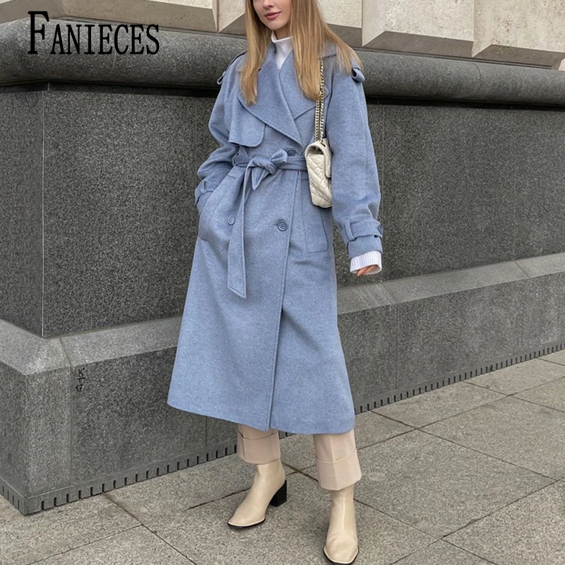 Модное синее длинное шерстяное пальто FANIECES однотонная шикарная верхняя одежда с