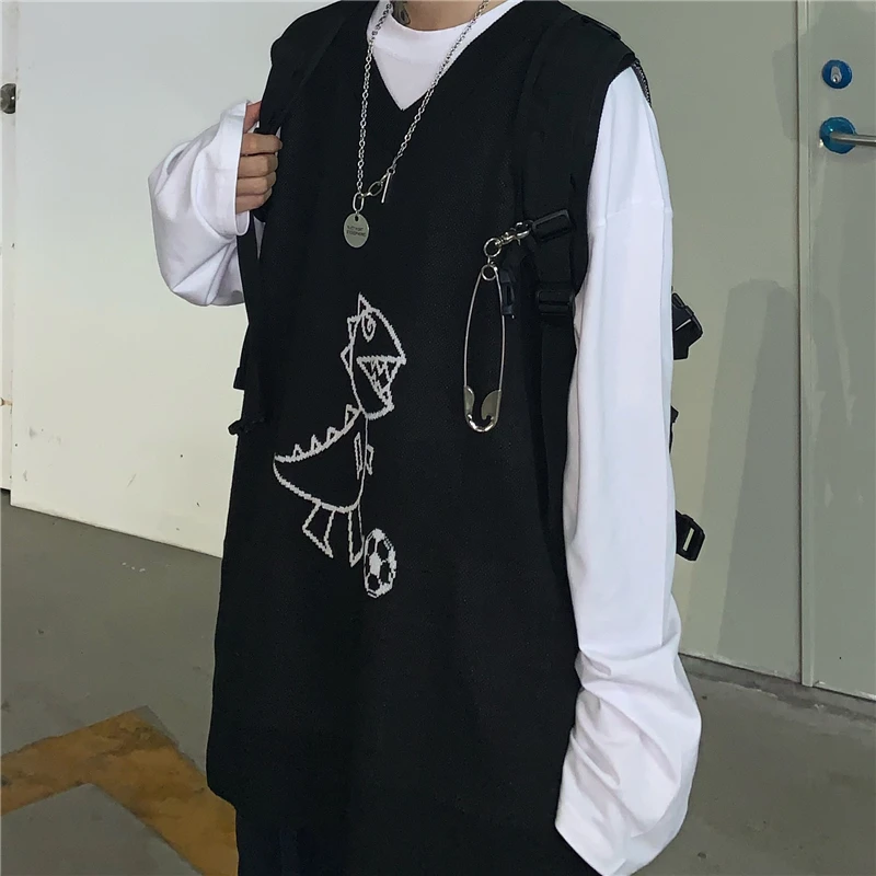 

Retro Trend Casual Cute Men And Women Knitted Vest Ins Hand-Painted Dinosaur Sweater Vest Loose Jacket Waistcoat Waistcoat
