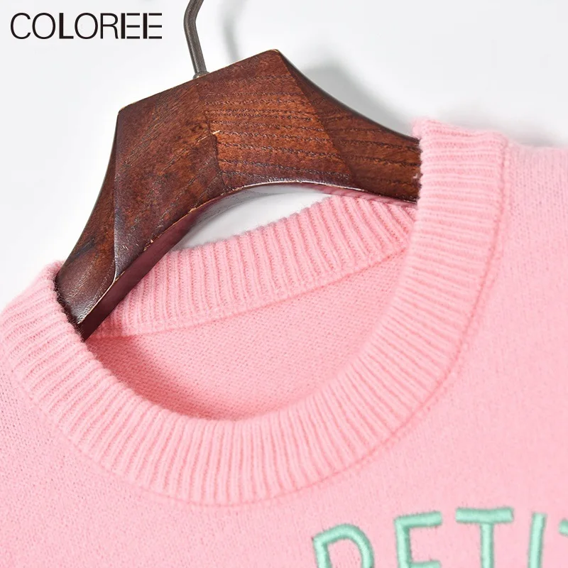 

Pink floral embroidery woman sweaters 2021 autumn winter long sleeve knitted pull femme korean fashion clothes