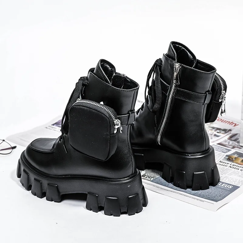 Модные черные женские короткие ботинки на платформе Новая женская обувь из
