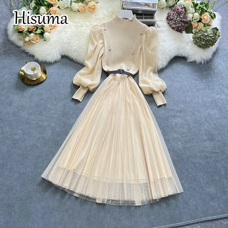 

Осень 2021, новинка, женское трикотажное Сетчатое платье-трапеция с круглым вырезом и длинным рукавом, женское шикарное элегантное платье-сви...