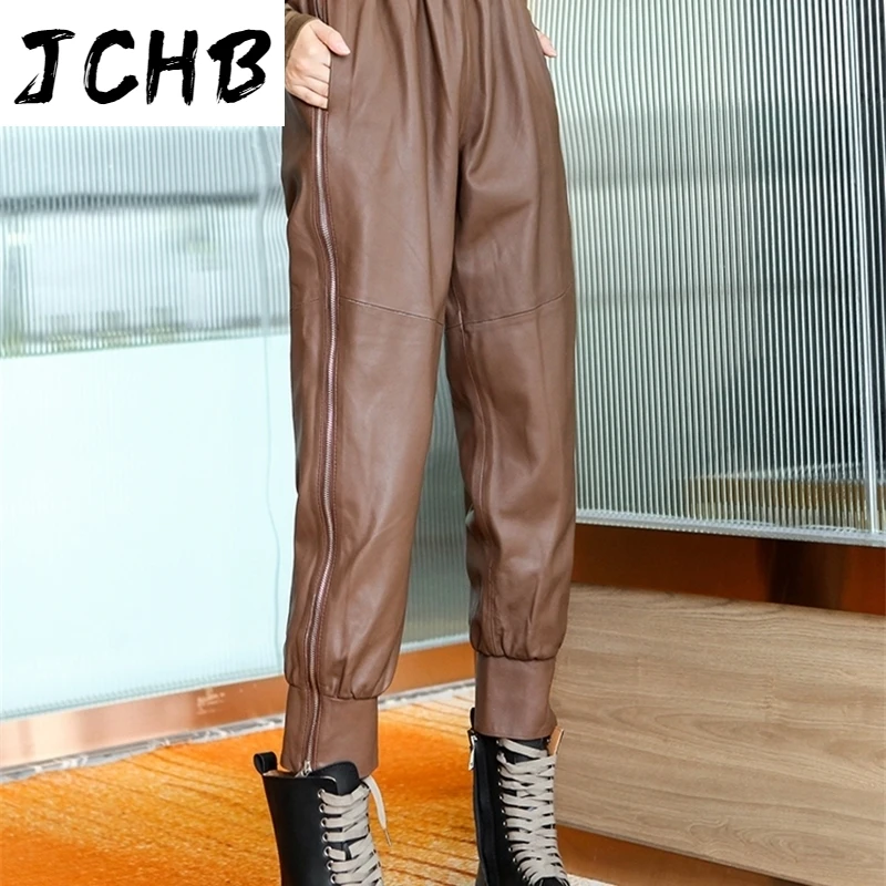 Preise SHZQJCHB Streetwear Frauen Hosen Echtem Leder Hosen Frau Echt Schaffell Breite Bein Hosen Oversize Stil Frau Hosen TN1309