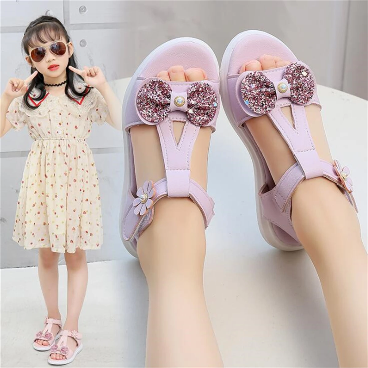 Босоножки принцессы для девочек Новинка лета 2021 модные украшения с бантом и