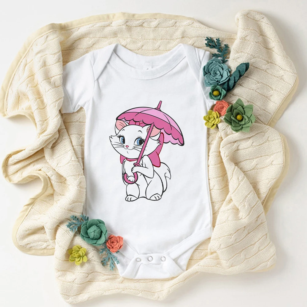 

Harajuku Baby Girl Bodysuits Marie Cat Open An Umbrella Print Casual Tee Summer Short Sleeve Disney The Aristocats Infant Romper