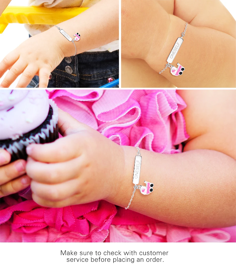 ELESHE выгравированное имя браслет из стерлингового серебра 925 пробы для девочек Дети Розовая эмаль ребенок бусина в форме автомобиля браслет персонализированные ювелирные изделия подарок