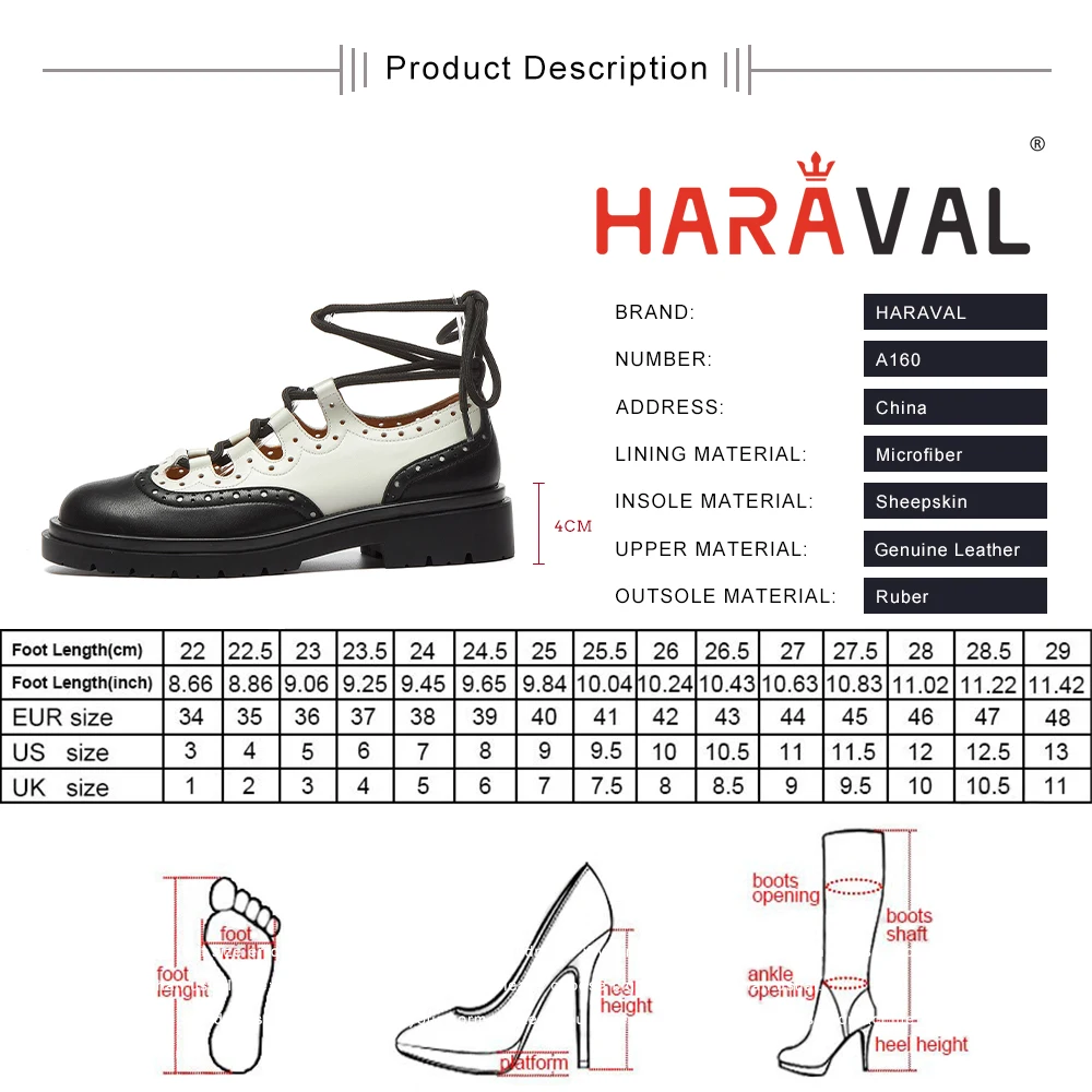 

HARAVAL Women Pumps Shoes Spring Summer Autumn Round Toe Lace Up Casual Shoes Lady Cross-Tied Genuine Leather Rubber Sole A160
