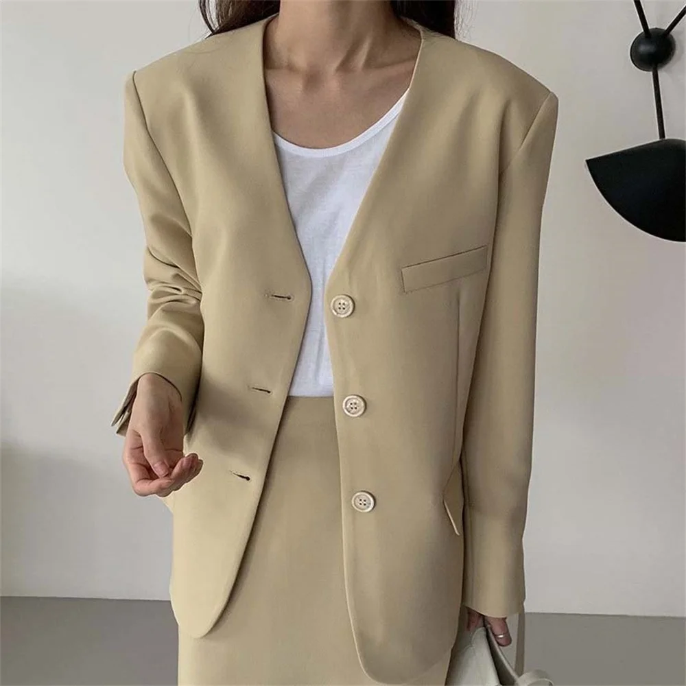 

HziriP Autumn V-Neck Blazers Elegant High Street Office Lady 2021 Unicolor Hot Sale Fashion All Match New Loose Gentle Tops