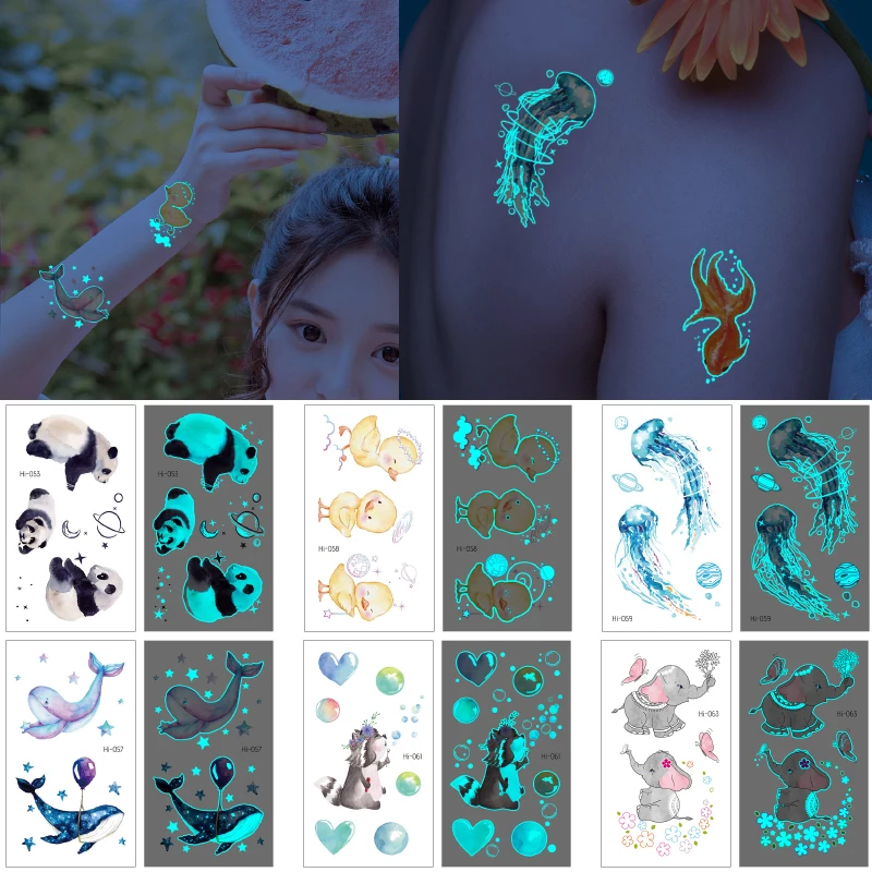 Синяя светящаяся панда белка Временные татуировки наклейки милые животные